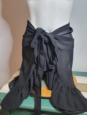 Black Sheer Tie-Front Ruffle Skirt Cover-Up One Size